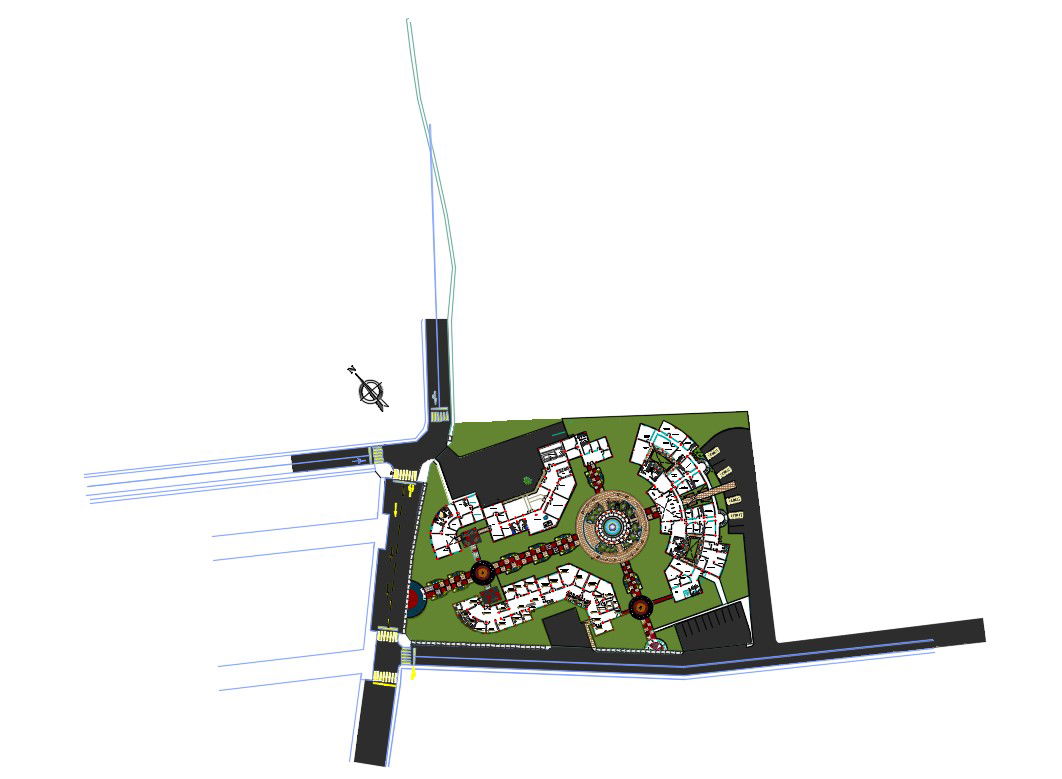 Distribution plan and landscaping structure details of administration building dwg file