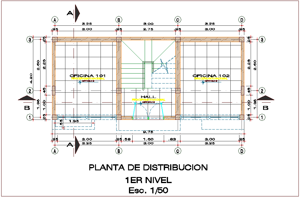 Distribution plan of first floor for office dwg file