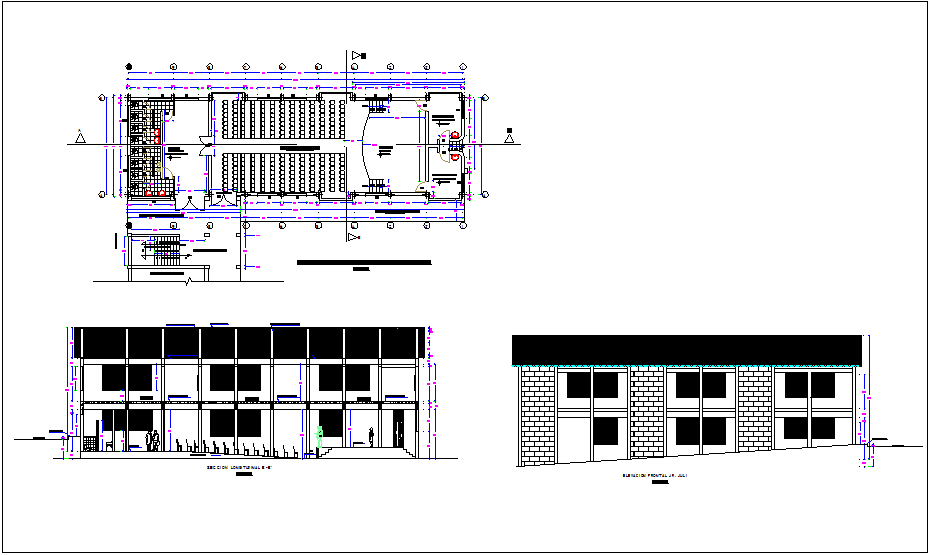 Distribution plan of training room, sectional & elevation view dwg file