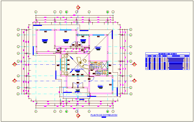 Distribution plan with door and window detail of office dwg file