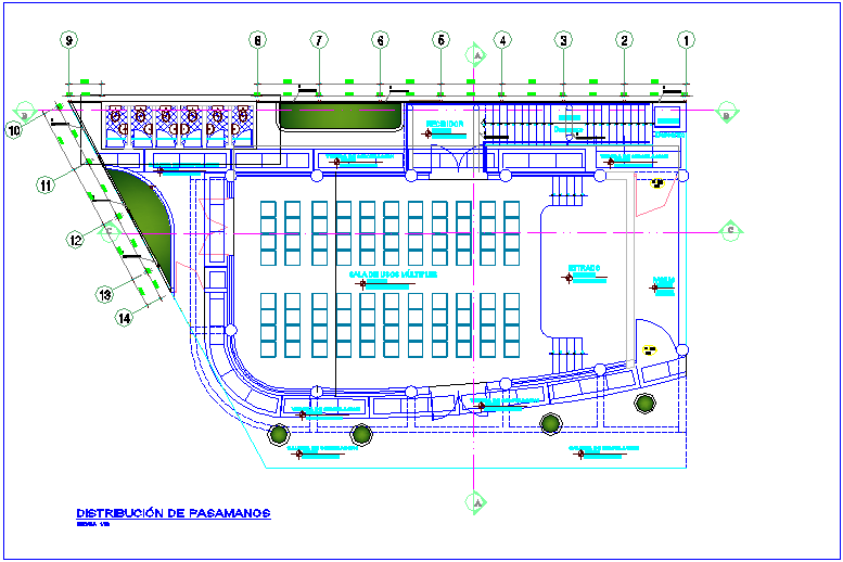 Distribution plan with multiple use room for community center dwg file