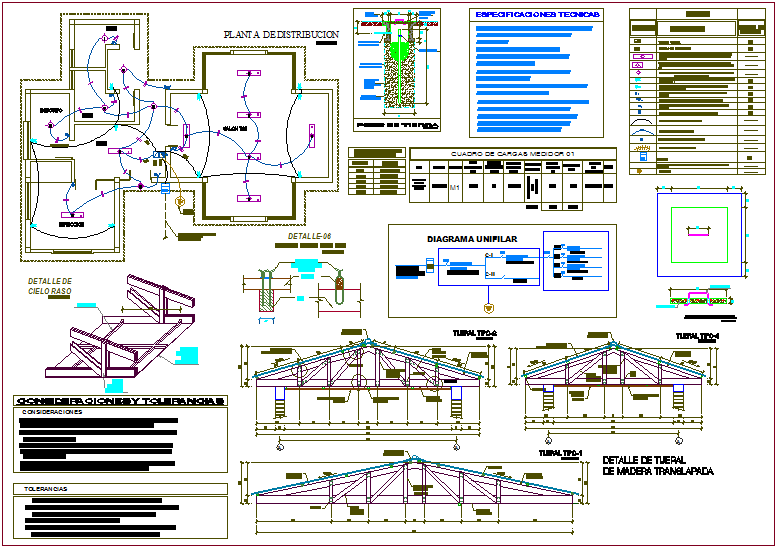Distribution plan with view of pipe and electrical connection view with its legend for initial educative center dwg file