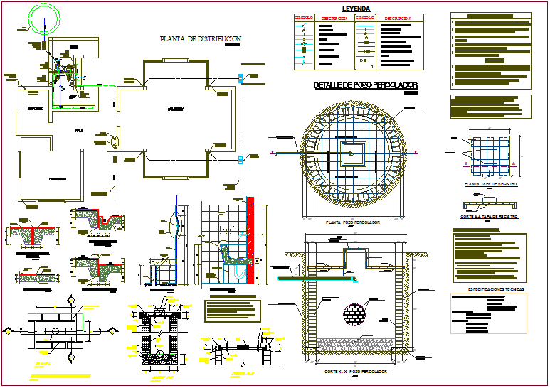 Distribution plan with water line single line view with its legend for education center dwg file