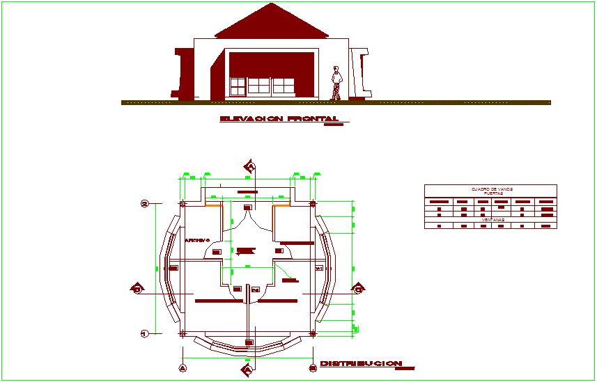 Distribution view of admin area with elevation, door & window schedule dwg file