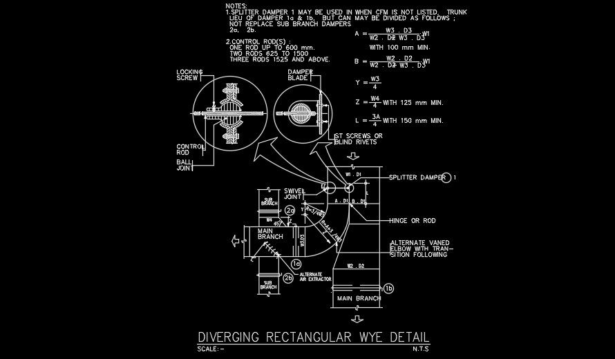 Diverging rectangular wye detail drawing AutoCAD