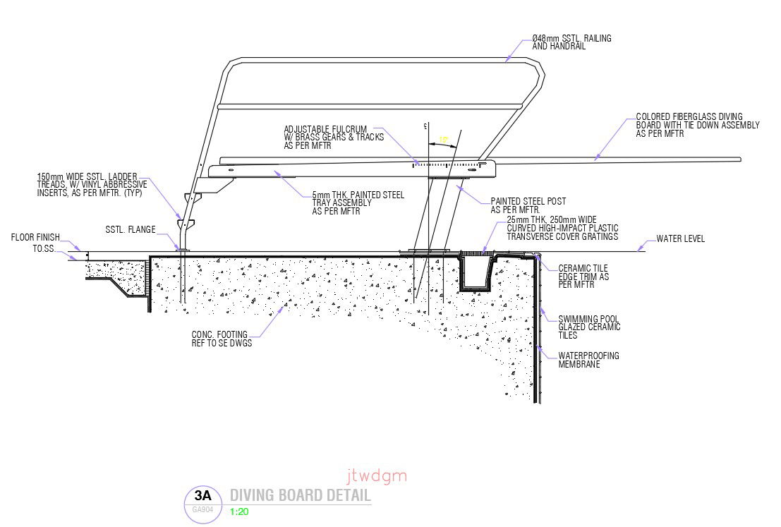 Diving board detail in AutoCAD 2D drawing, CAD file, dwg file