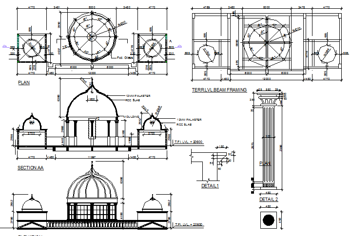 Dome construction details with section and elevation of mosque design dwg file