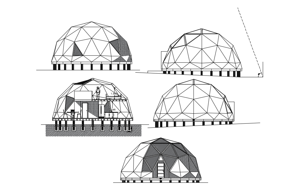 Dome shape house design with architecture view dwg file