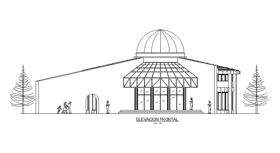 Dome Roof Hotel Building Front Elevation Design Download DWG File