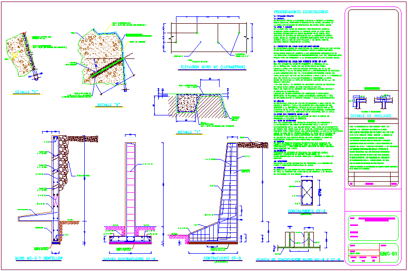 Donatello wall executive project with retaining wall with construction detail dwg file
