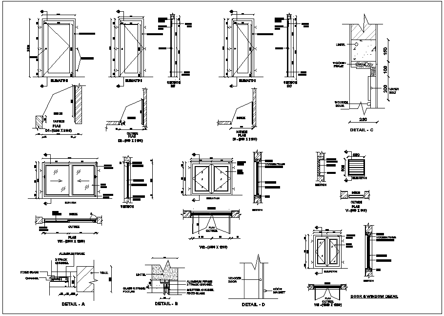 Door and window detail view for bungalows dwg file