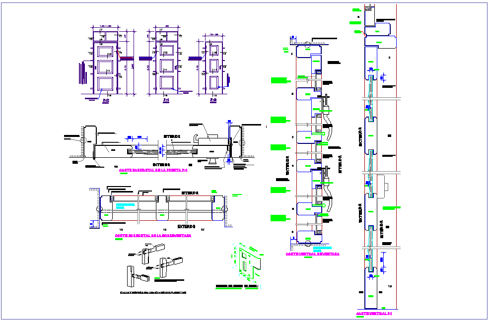 Door and window detail view with sectional view for commercial building dwg file