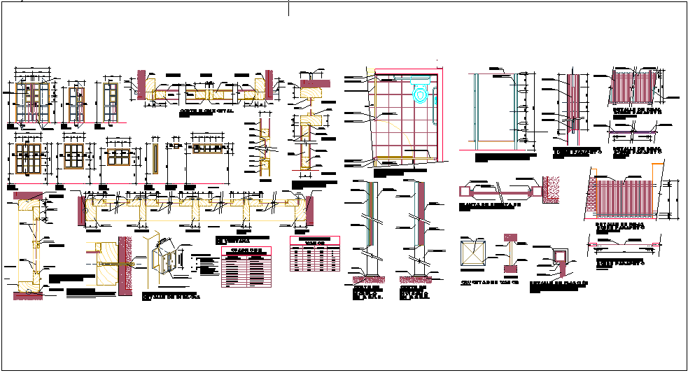 Door and window detail with sectional view and parapet dwg file
