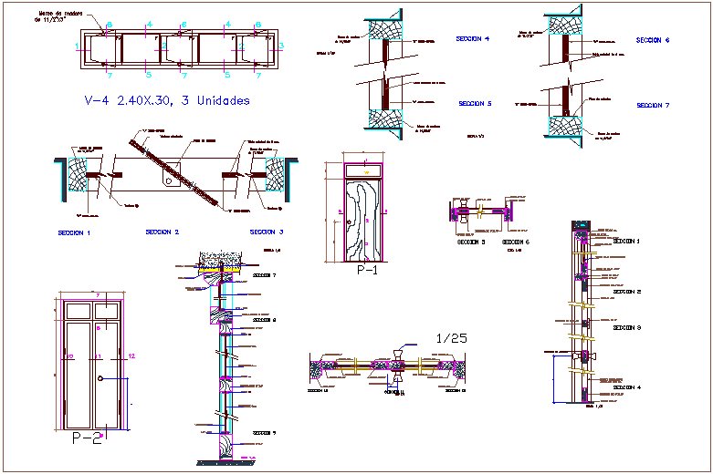 Door and window elevation and section view for school dwg file