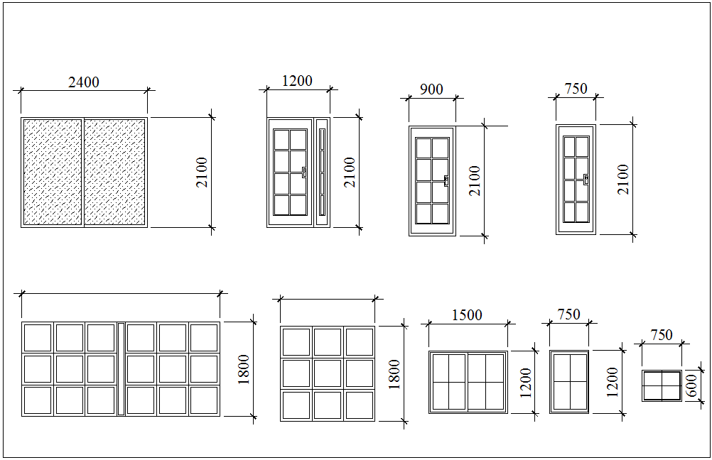 Door and window elevation with different design for 3 bedroom design dwg file
