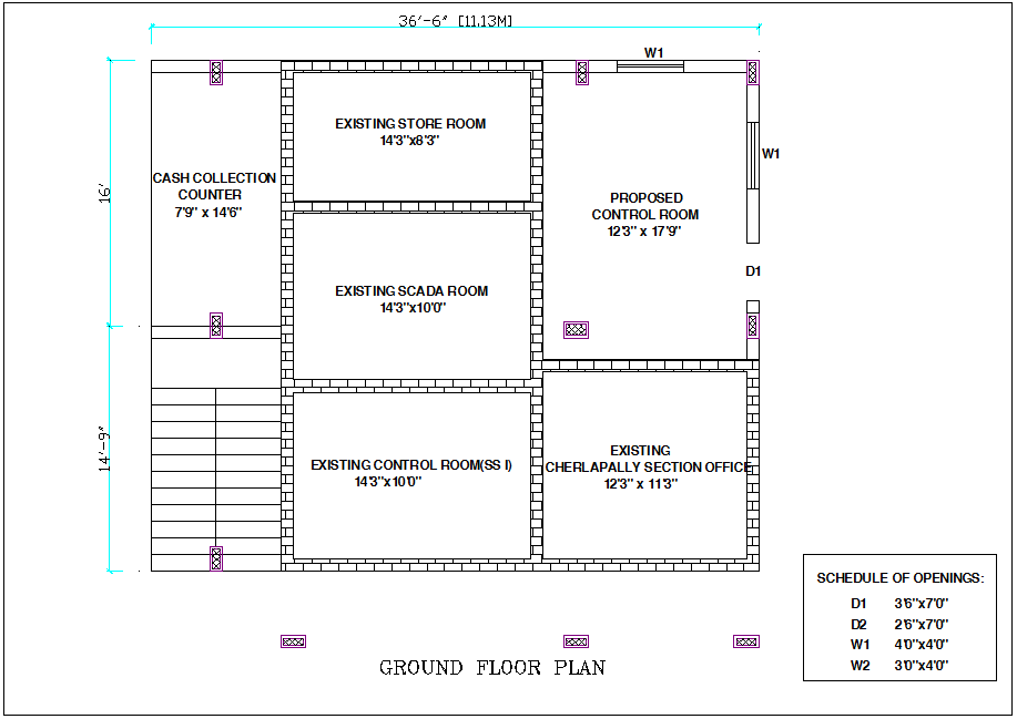 Door and window schedule of opening in ground floor plan of office dwg file