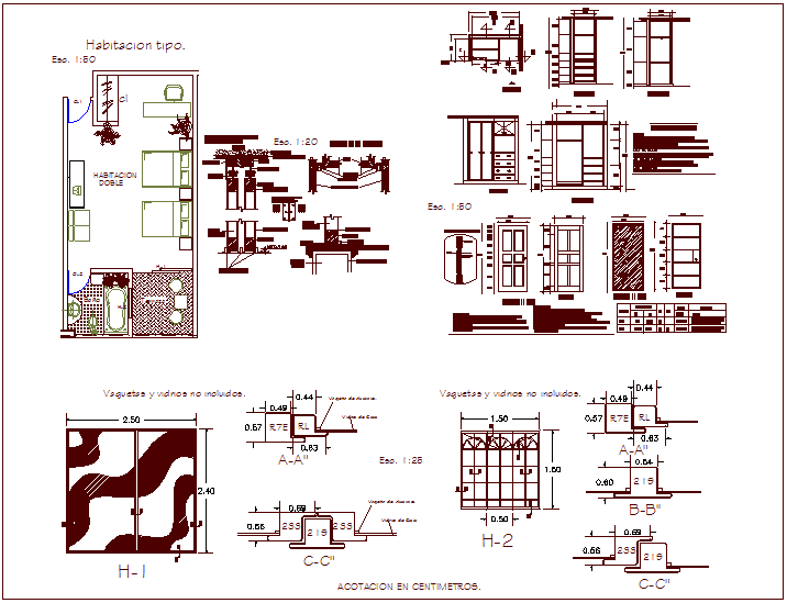 Door design different view with plan of house dwg file