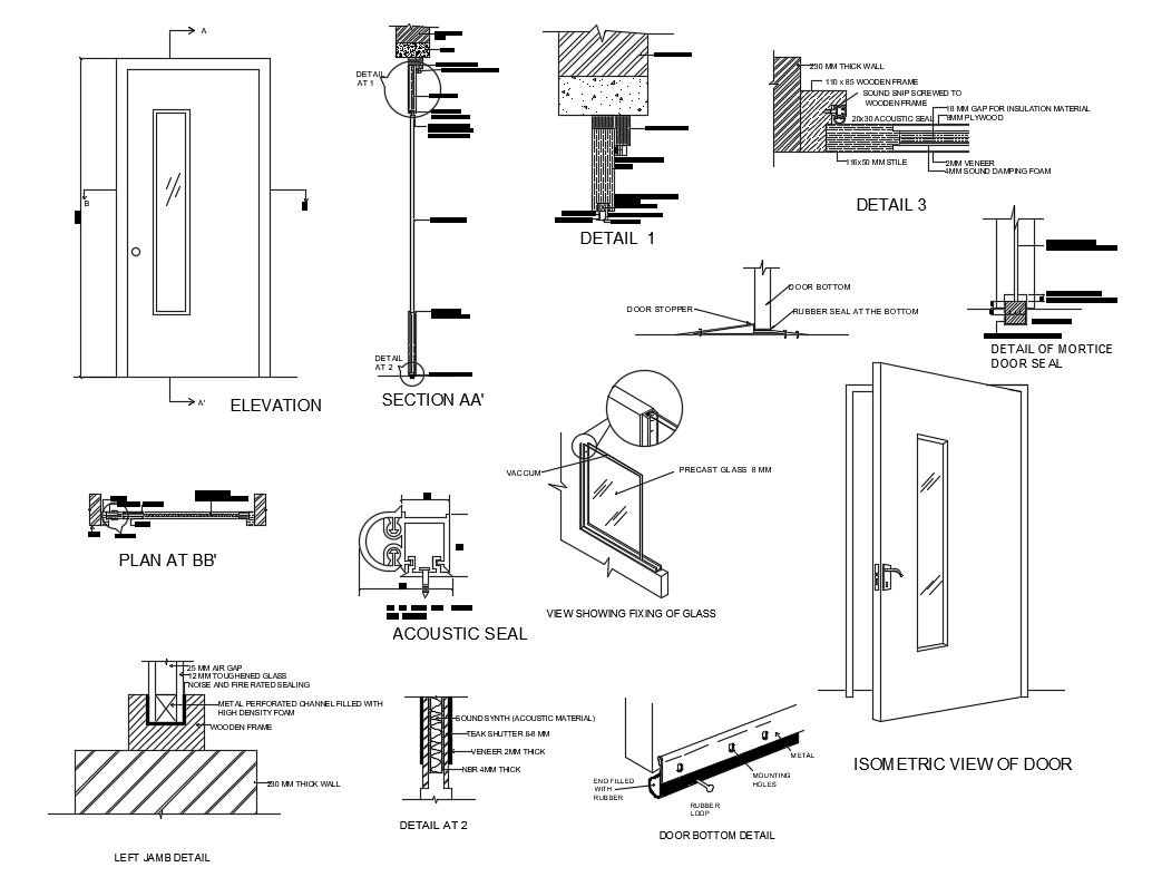 Door elevation, isometric view and installation details dwg file