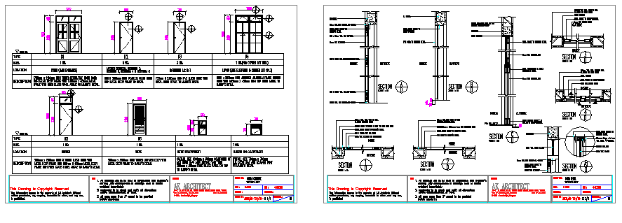 Door schedule details with installation of doors dwg file