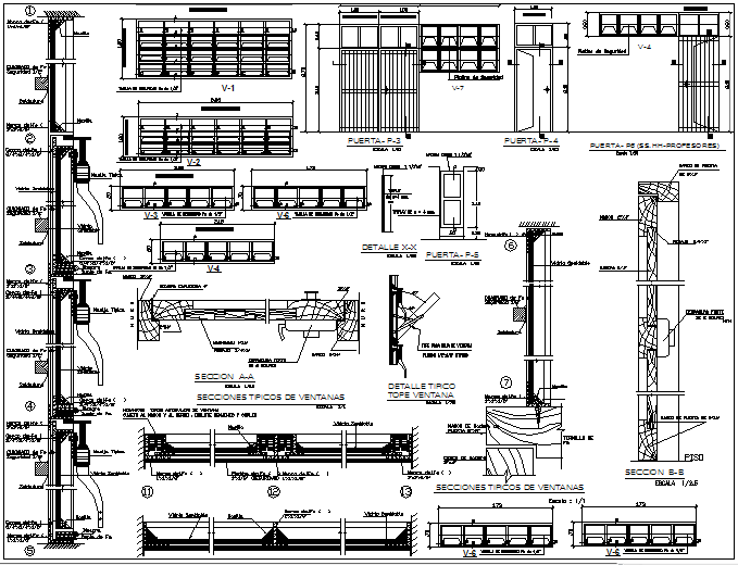 Door window and section wall detail view dwg file