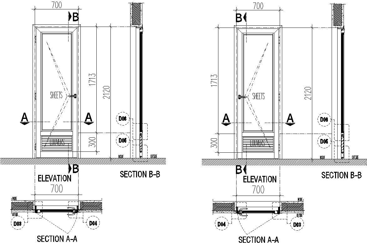 Door design with section and elevation in AutoCAD 2D, CAD file, dwg file
