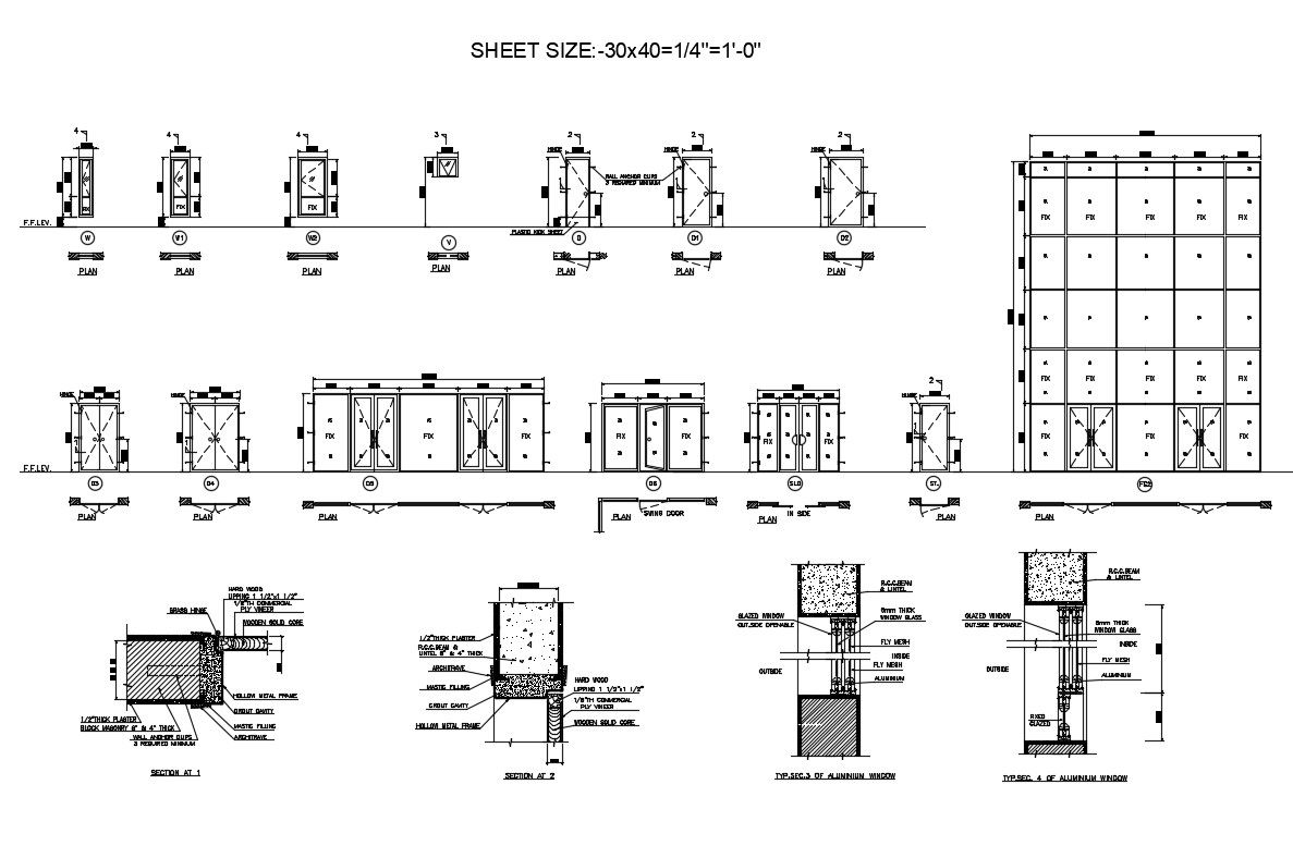 Doors, windows and ventilation elevation and installation details of hotel dwg file