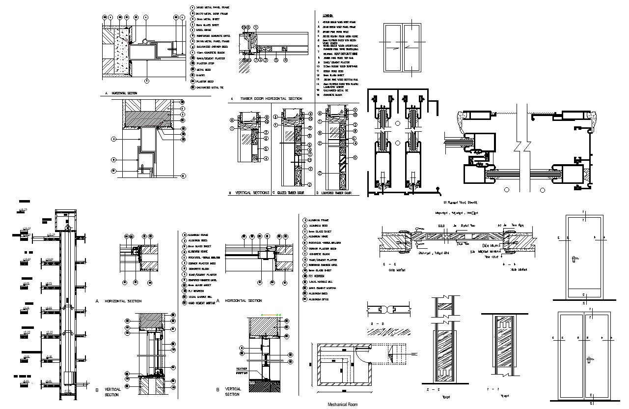 Doors And Windows plan Section elevation Drawing