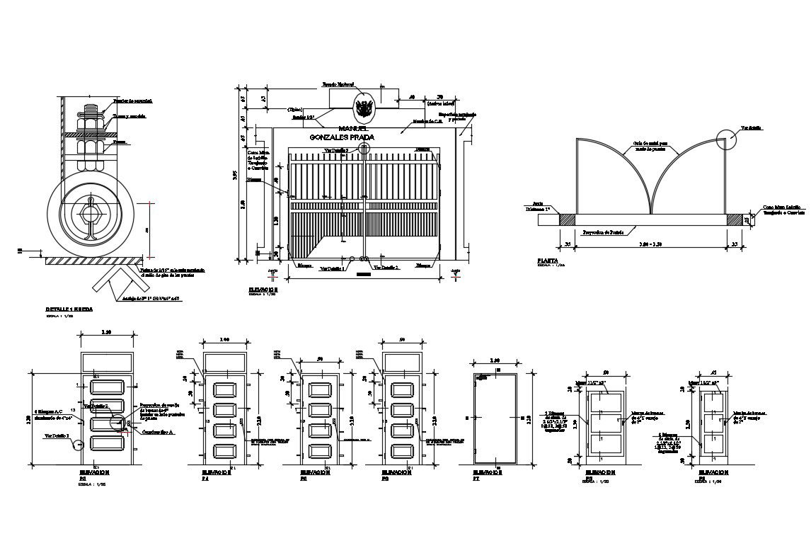 Doors and gate elevation, section and installation cad drawing details dwg file