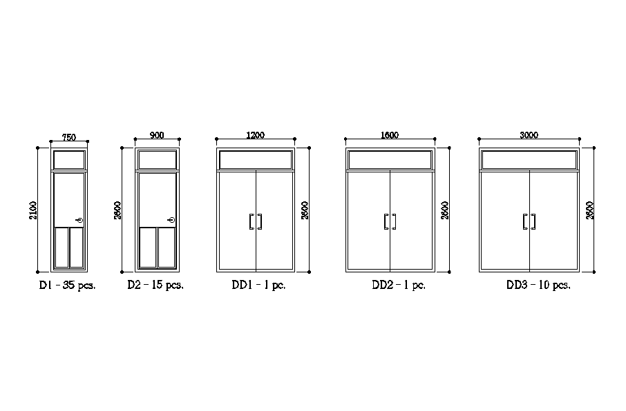 Doors details of 63x16m house plan are given in this Autocad drawing file.