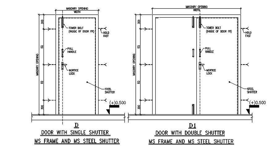 Door with single shutter and double shutter MS frame and MS steel frame details are given in this AutoCAD DWG drawing file. Download the Autocad DWG drawing file.