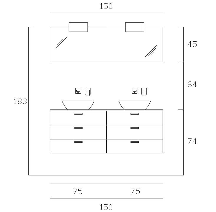 Double Bowel Wash Basin With Wall Mounted Tap Elevation Drawing