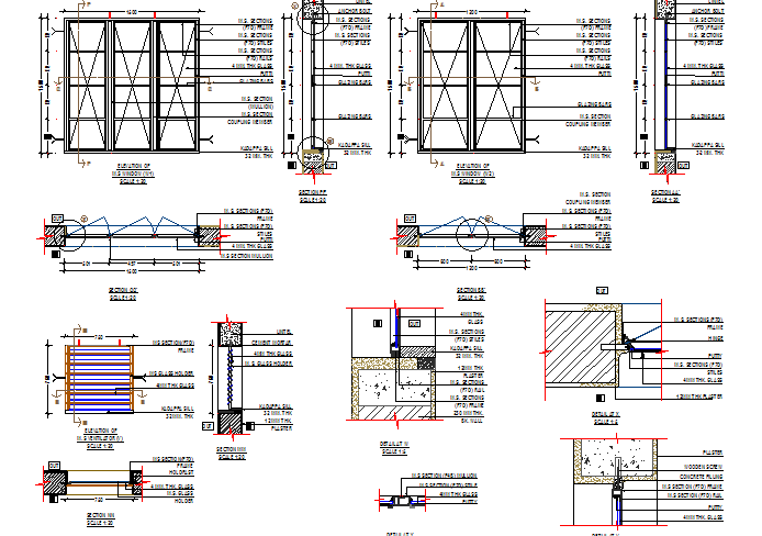 Double and single door installation details of house dwg file
