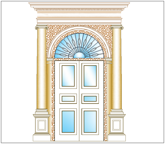 Double Door Design with Column Arch Panel and Elevation Detail