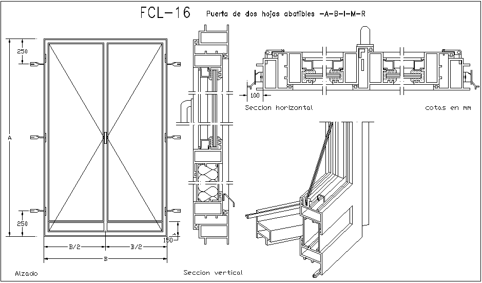 Double door design view with horizontal and vertical section dwg file