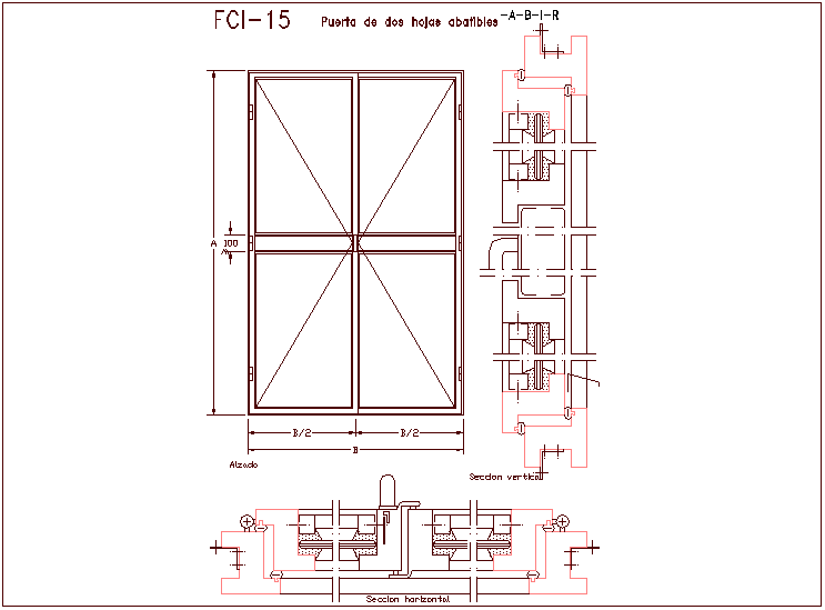 Double door view with horizontal and vertical section dwg file