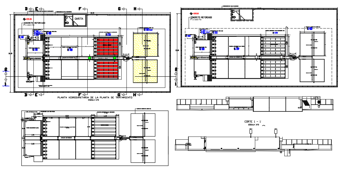 Double water line view in process of water treatment plant hydraulic view dwg file