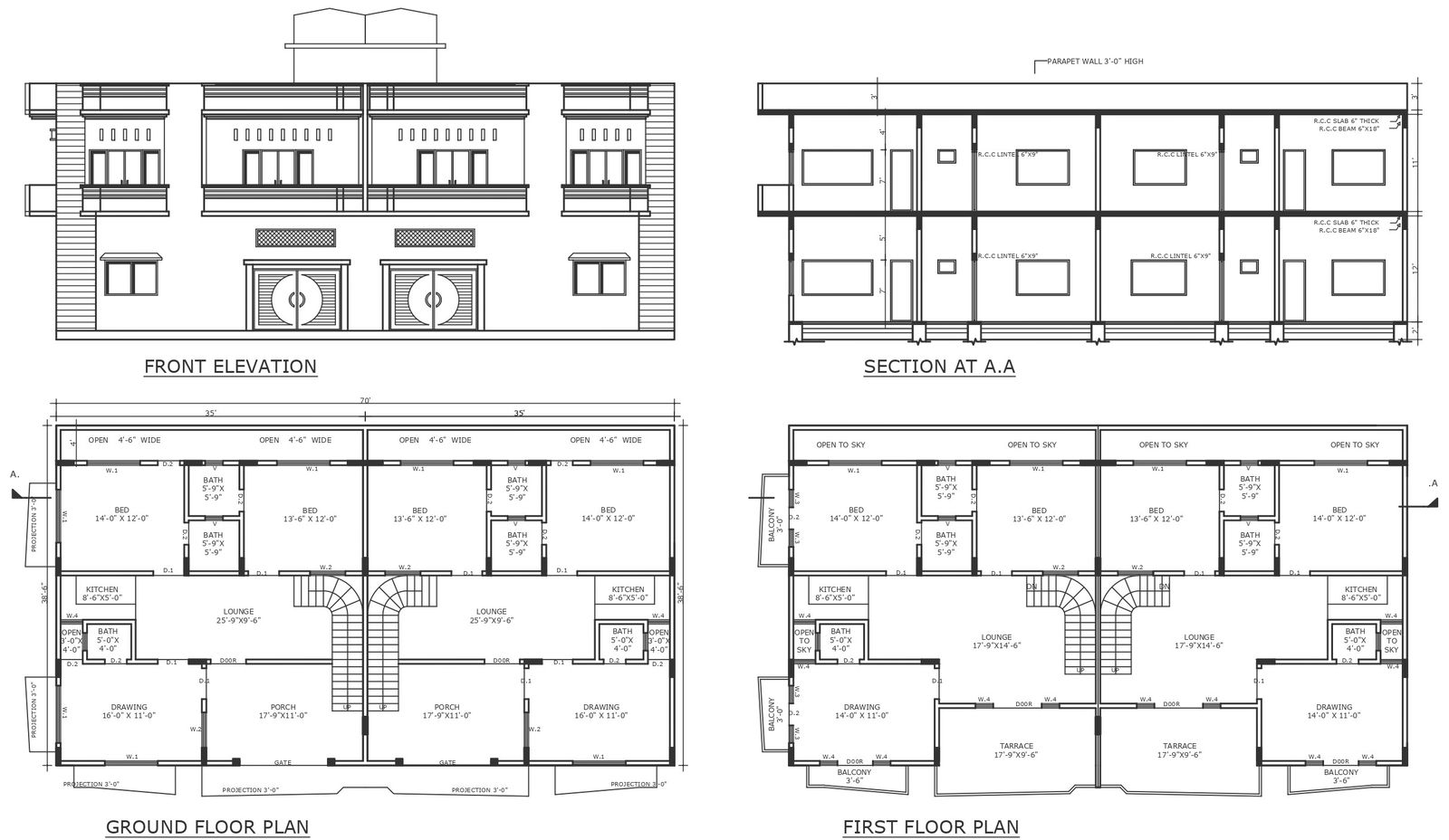 Double storey apartment design with L shaped staircase detailed plan sections and elevations DWG autoCAD drawing