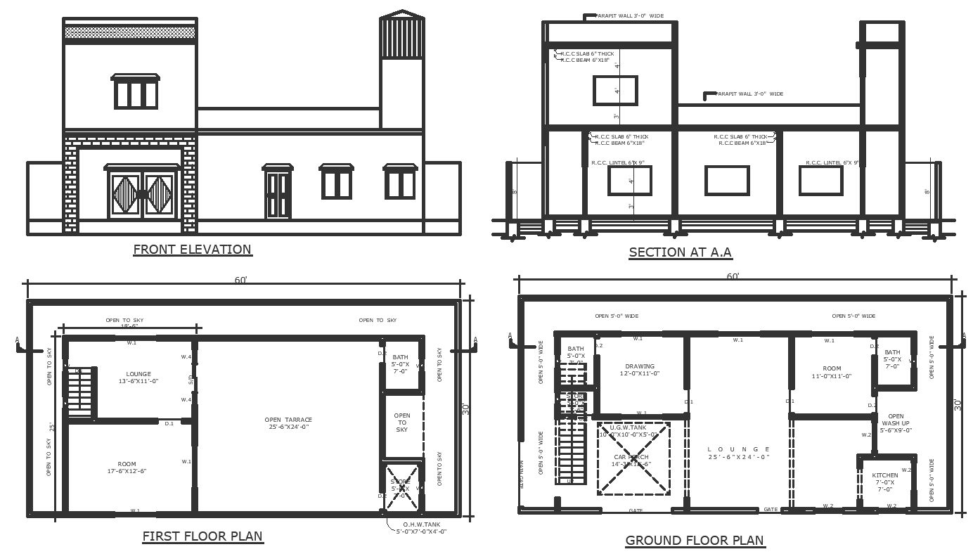 Double storey house plan in plot size of 60ft X 30ft with under ground and over head water tank detailed plan section and elevation DWG autoCAD drawing