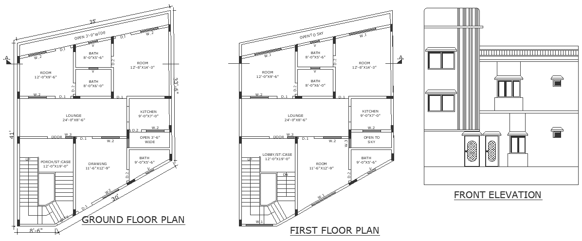 Double storey house plan with unique facade design detailed plan and elevation DWG autoCAD drawing