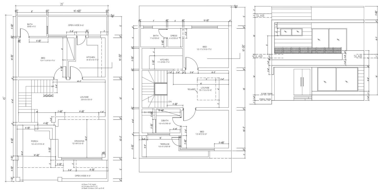 Double storey house with 3 bedroom and 3 bathroom on plot size of 25X45 ft. plan and elevation DWG autoCAD drawing