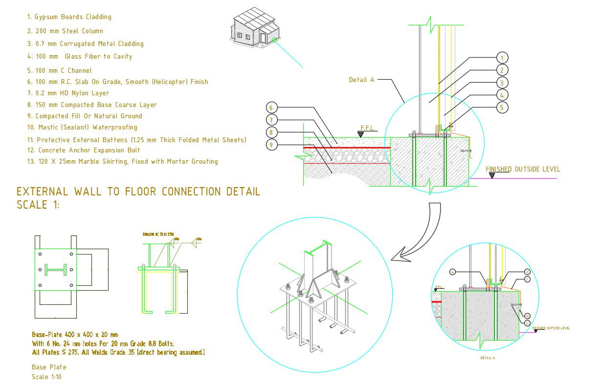 Download Free Wall To Floor Connection Section CAD Drawing