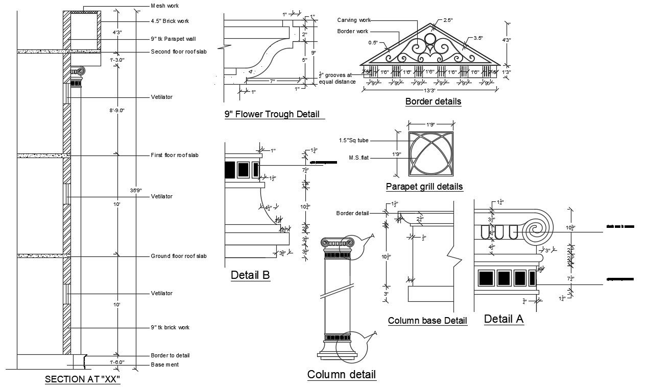 Download Traditional Column With Parapet Railing Design Autocad File