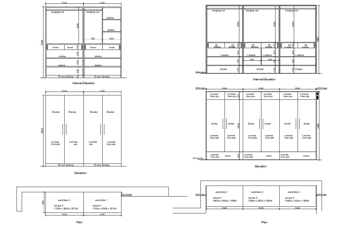 Wardrobe AutoCAD file with detailed plan and elevation design
