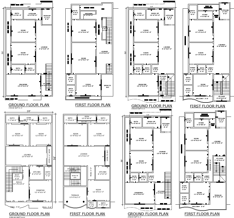 Download 4 Types of 50 ft x 27 ft House Tenement Plans in AutoCAD DWG Files