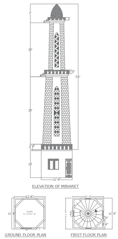 Download Free Minaret DWG Architecture Plan and Elevation Details