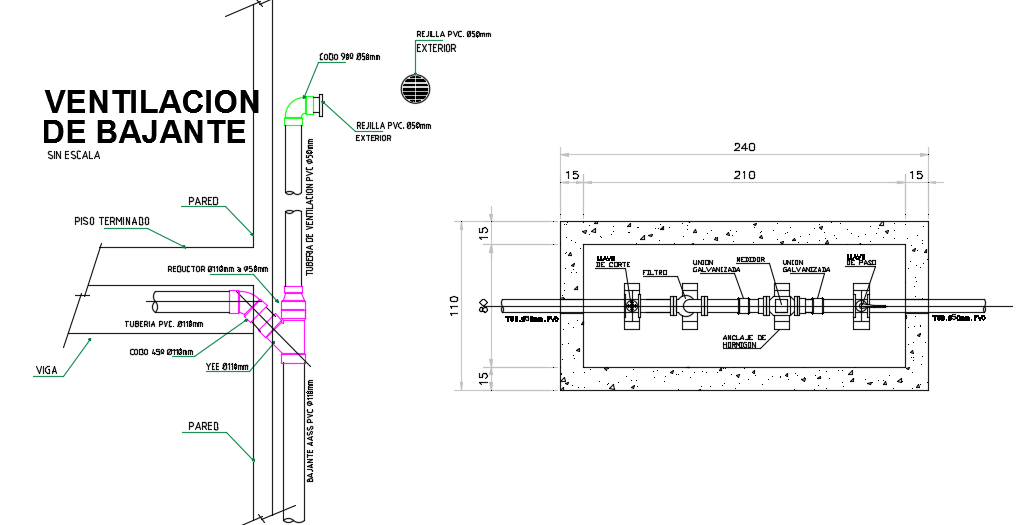 Downspout ventilation 2D AutoCAD drawing