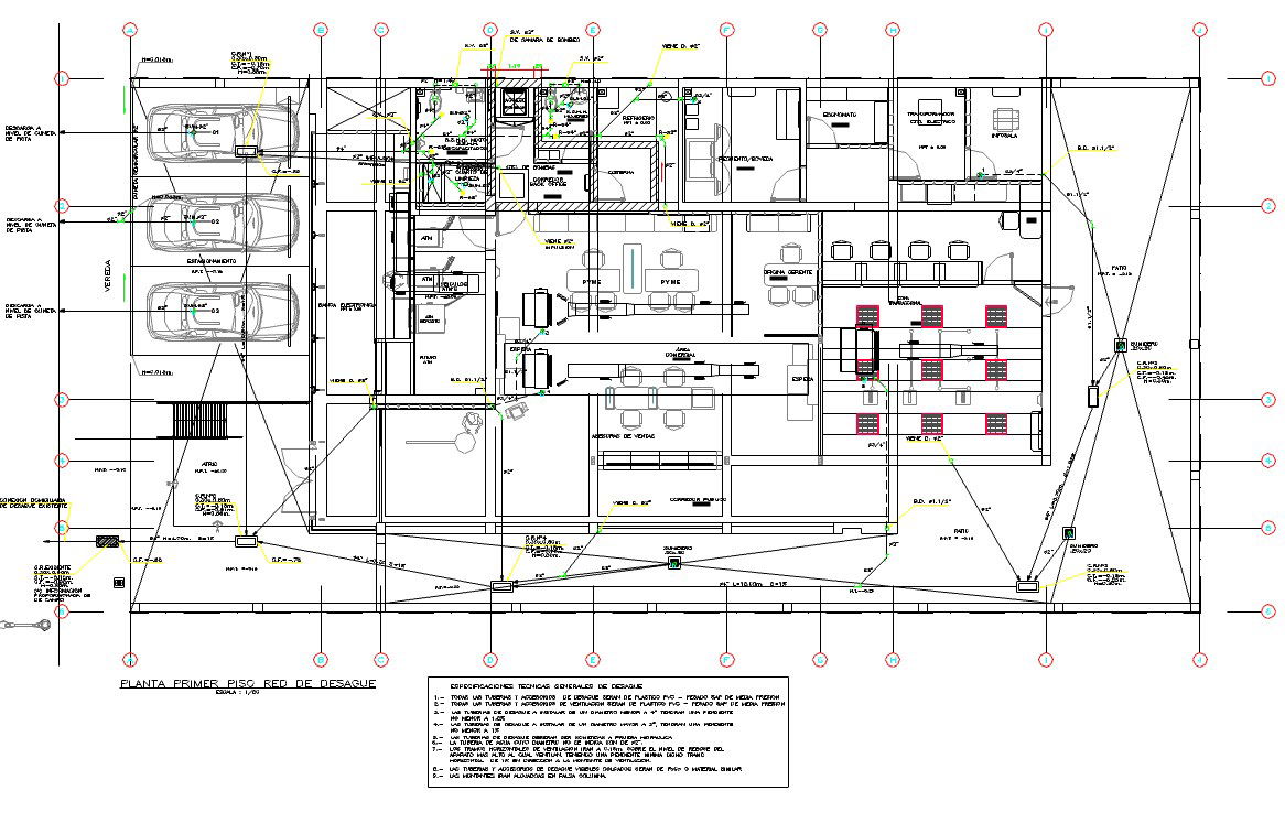 Drain line view with floor plan of bank dwg file