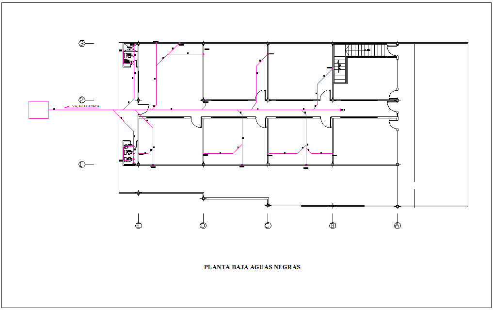 Drain water line plan for housing ground floor pan with architectural view dwg file