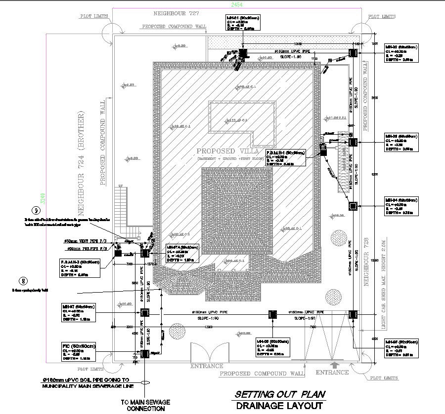 Drainage Layout Plan CAD Drawing with Detailed Outlining In DWG File