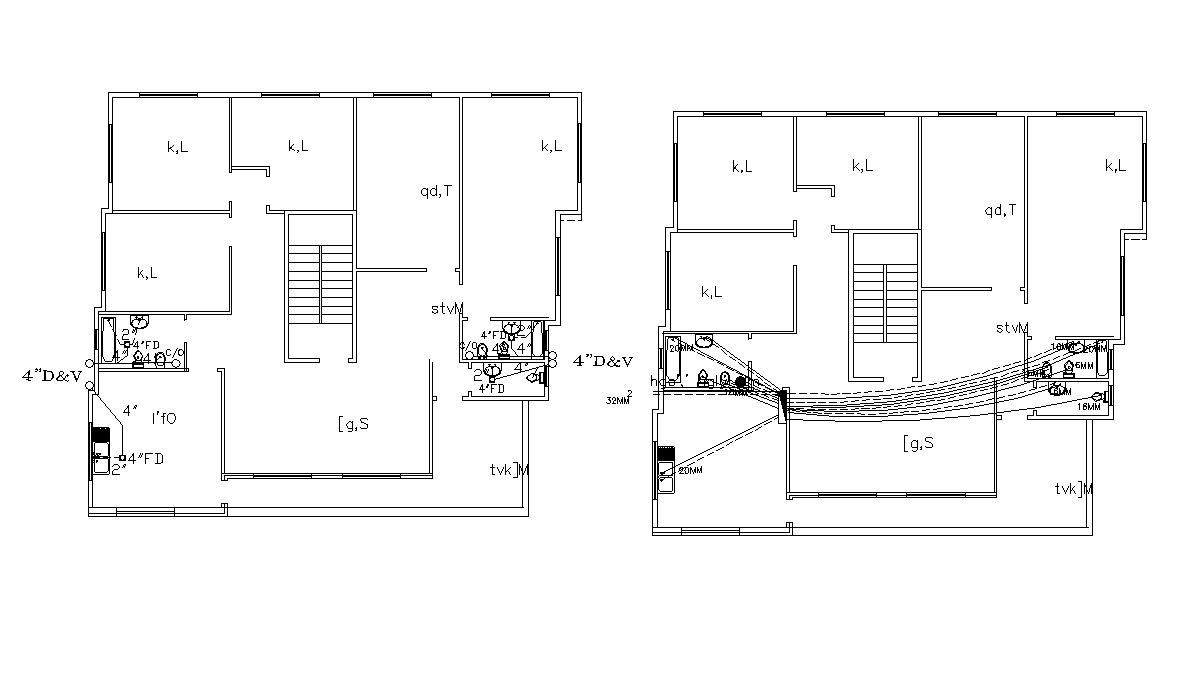 Drainage Pipes Marking In Residential Building Design DWG File